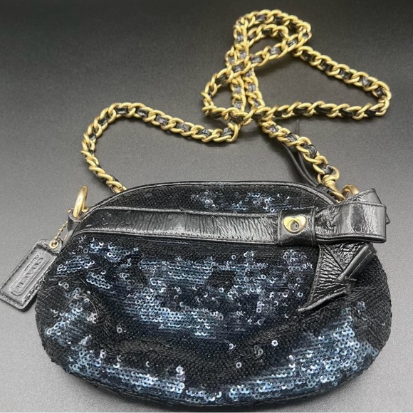 Coach Handbags - Coach Poppy Black Sequin Wristlet with Gold Chain Strap. EUC
